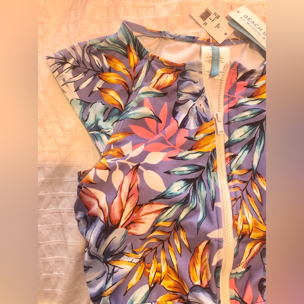 NWT Beach Betty Blue Tropical Floral One Piece Front Zip Slimming Swimsuit SMALL - Picture 5 of 7
